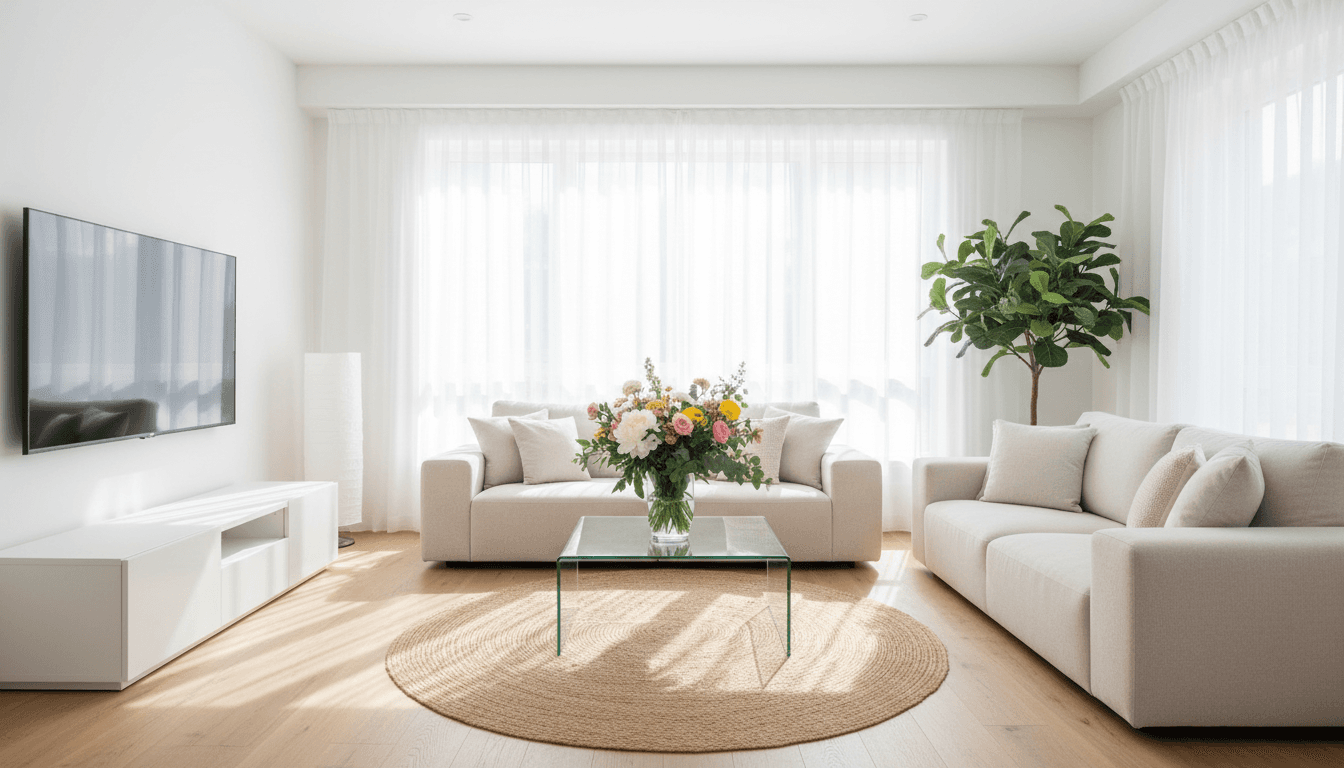 Bright clean living room with fresh flowers and natural light
