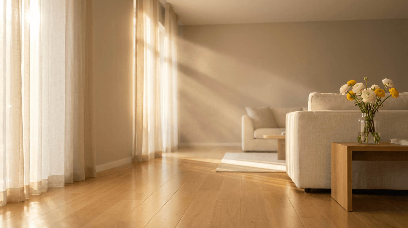 Bright living room with tidy sofa and soft natural light