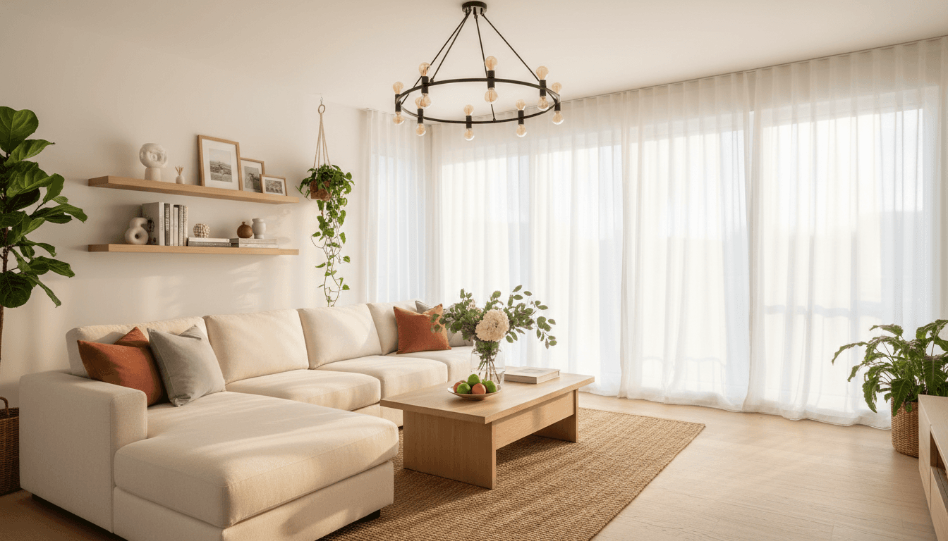 Bright contemporary living room with comfortable seating, wooden furniture, houseplants, and warm natural window light