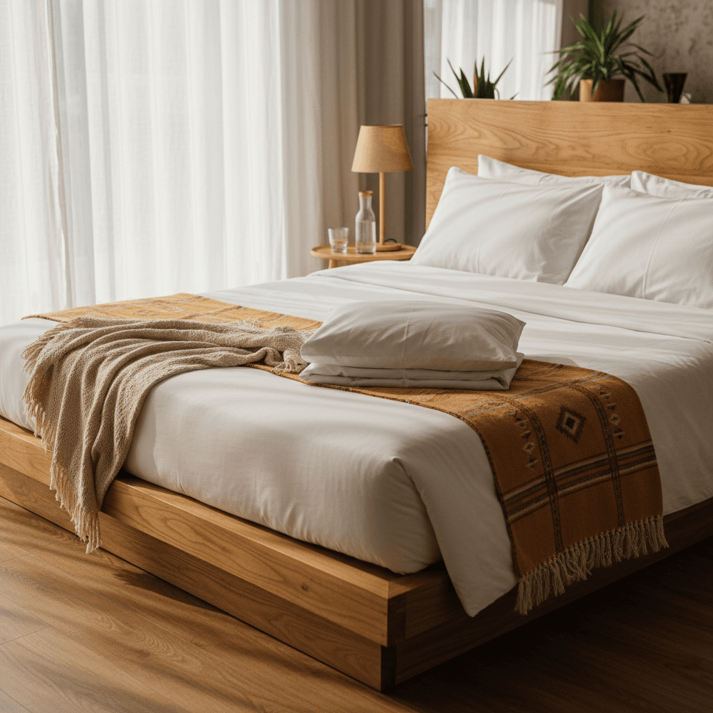 Tidy bedroom with neatly made bed and fluffed pillows