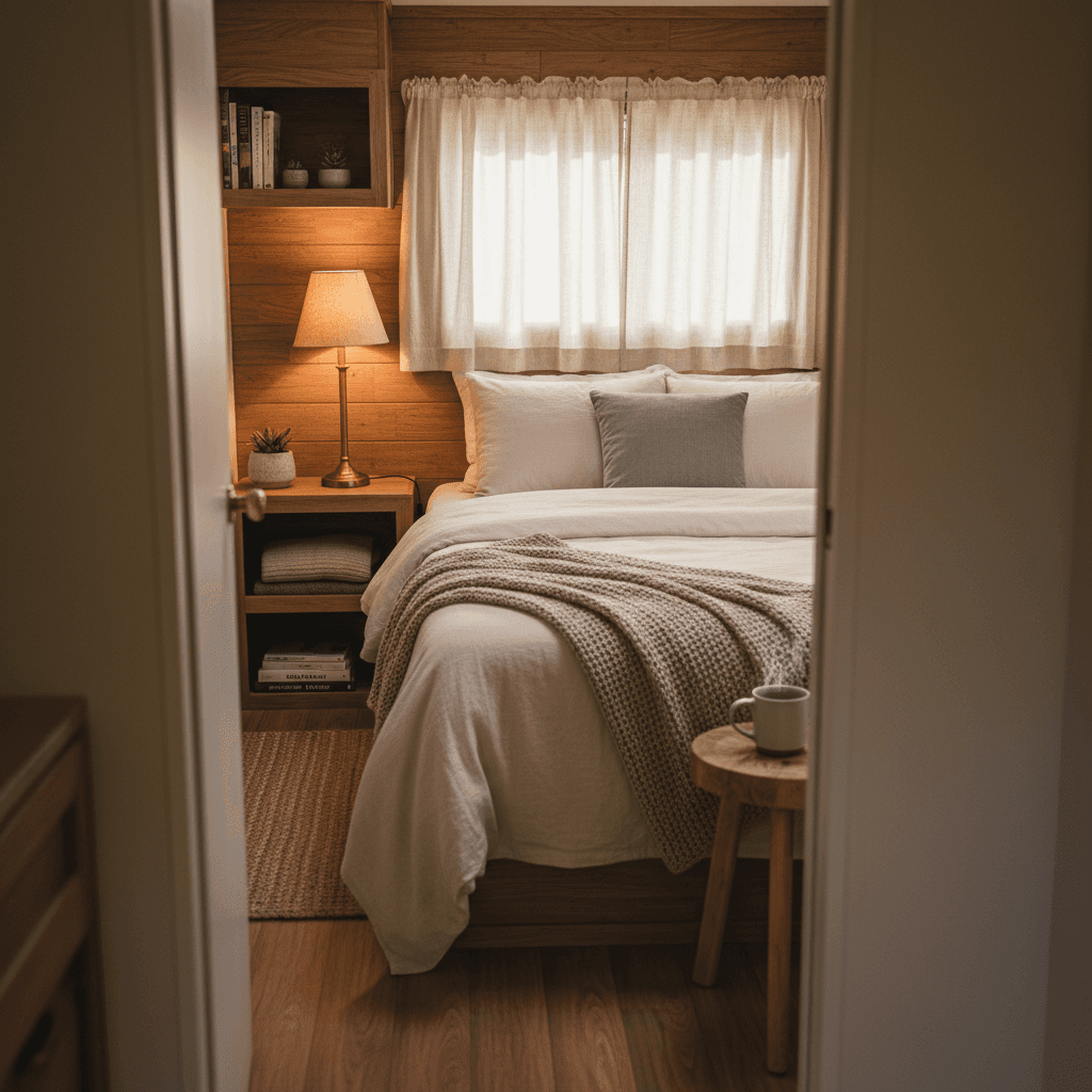 Cozy bedroom interior with made bed, warm lighting, and window showing comfortable sleeping accommodation