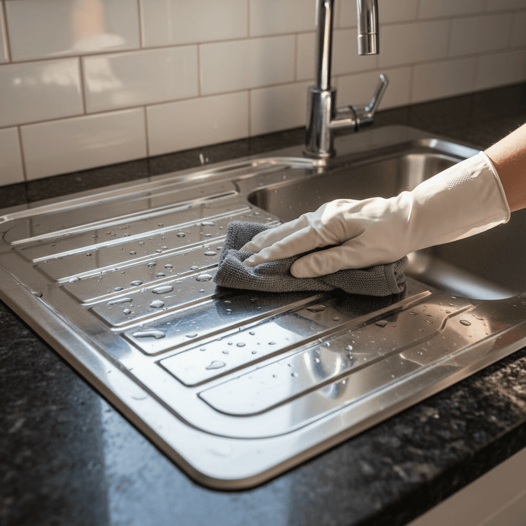 Professionally gloved hand polishing gleaming stainless steel sink with water droplets and reflections