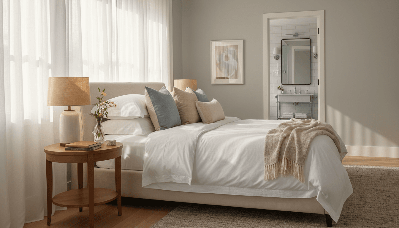 Serene guest bedroom with queen bed, natural light from window, open ensuite bathroom door visible