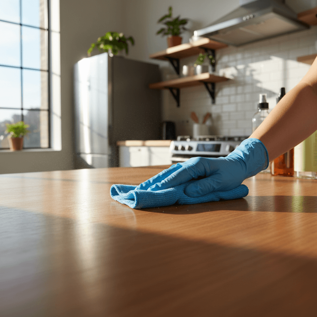 Professional cleaner in a bright modern kitchen wiping a countertop