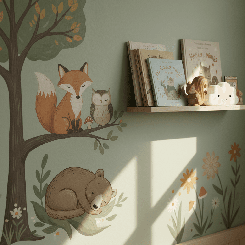 Close-up of custom hand-painted woodland mural on sage green bedroom wall with detailed animal illustrations in natural light