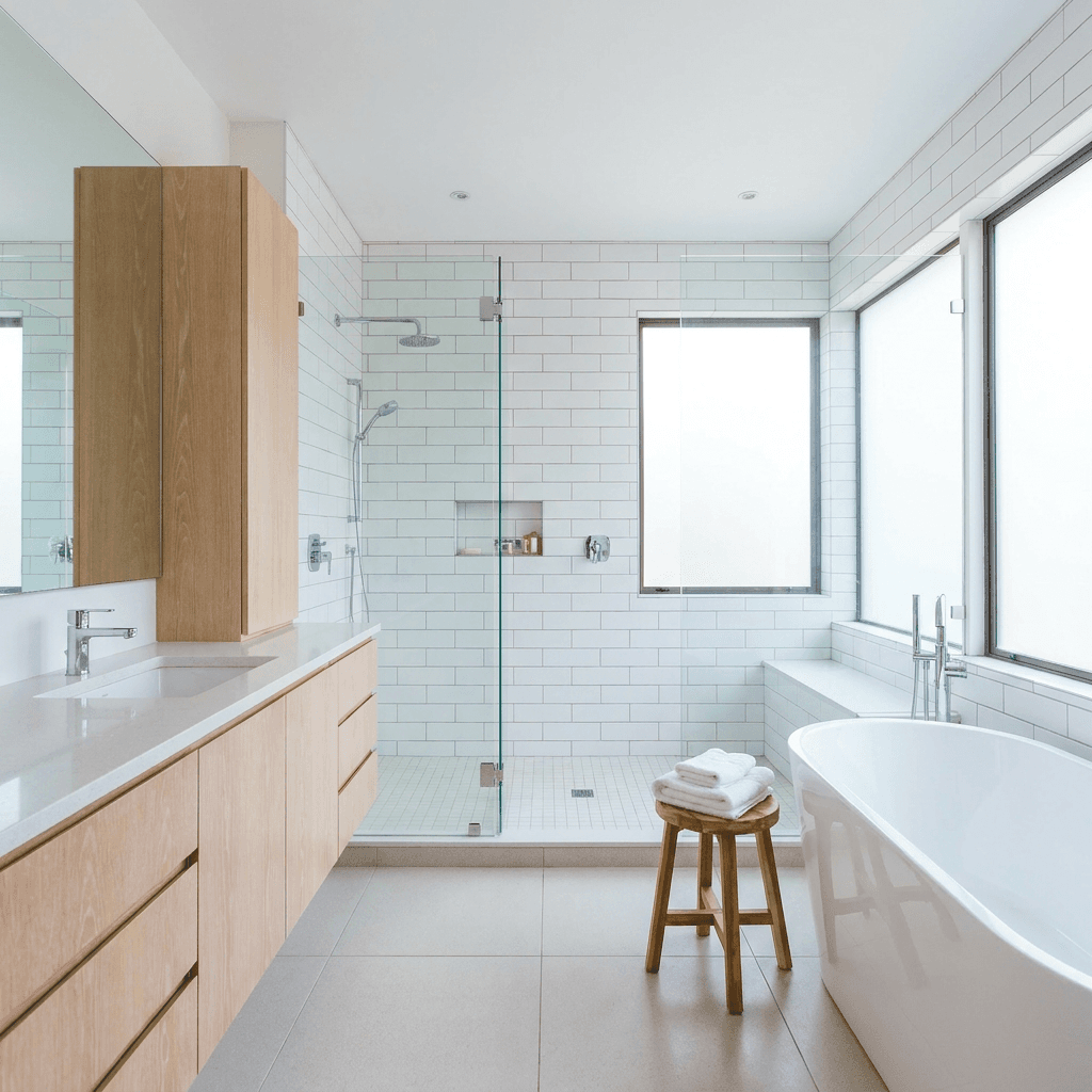 Immaculate bathroom with white tile and gleaming shower glass