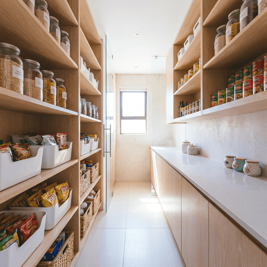 Neatly organized pantry with labeled containers on shelves