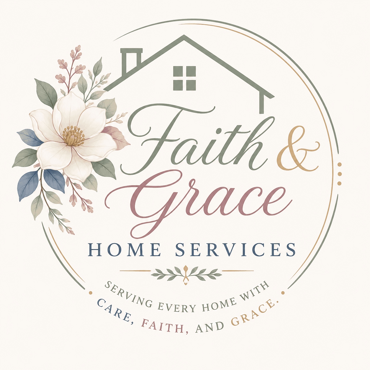 Faith & Grace Home Services logo featuring a house outline, white flower, and elegant script.