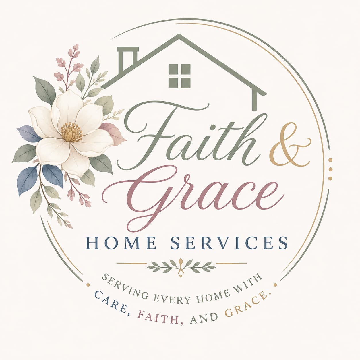 Faith & Grace Home Services logo featuring a house outline and a large white flower.